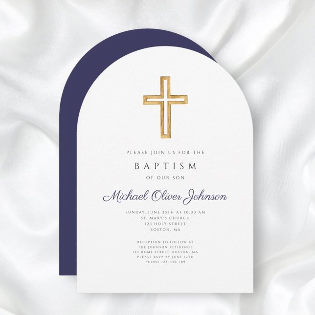 Marinblå religiöst kors pojke dop ark inbjudningar (Navy Blue Religious Cross Boy Baptism Arch Invitation)