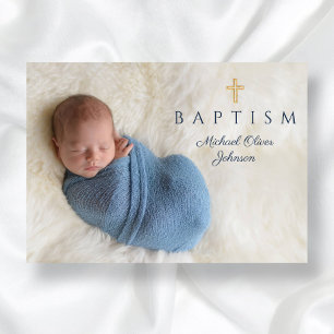 Marinblå religiöst kors pojke dop foto inbjudningar