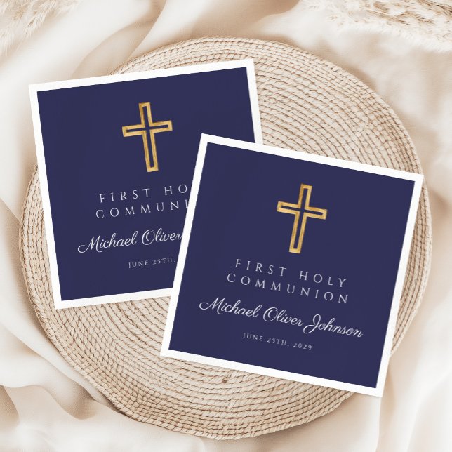 Marinblå Religiöst Kors Pojke Första Kommunion Pappersservett (Navy Blue Religious Cross Boy First Communion Napkins)