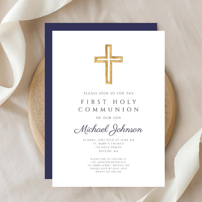 Marinblå religiöst kors pojke första nattvarden inbjudningar (Navy Blue Religious Cross Boy First Communion Invitation)