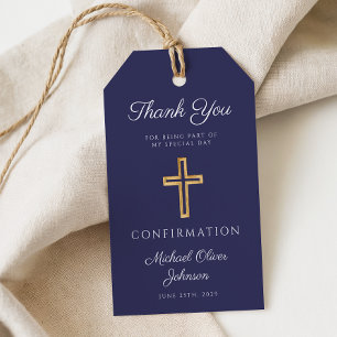 Marinblå religiöst kors pojke konfirmation presentetikett