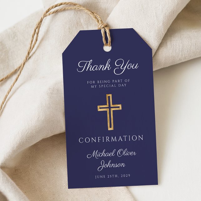 Marinblå religiöst kors pojke konfirmation presentetikett (Navy Blue Religious Cross Boy Confirmation Gift Tags)
