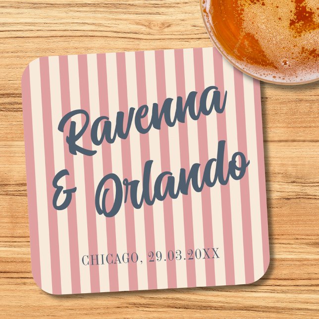 Marinblå Retro Rosablå Ränder Bröllop Underlägg Papper Kvadrat (Skapare uppladdad)