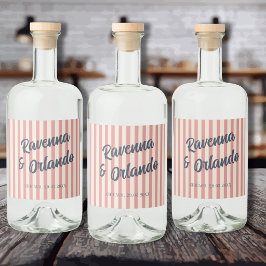 Marinblå Retro Rosablush Ränder Bröllop Spritflaskor Etikett