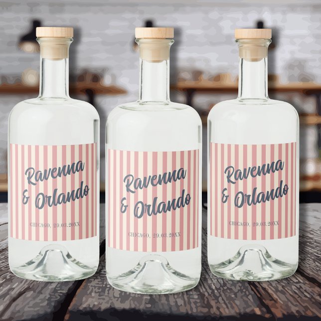 Marinblå Retro Rosablush Ränder Bröllop Spritflaskor Etikett (Skapare uppladdad)