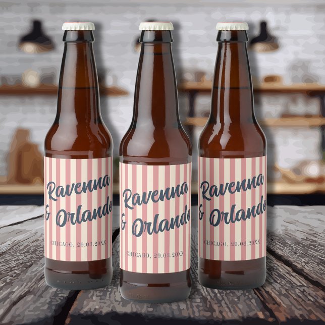 Marinblå Retro Rosablush Randiga Bröllop Ölflaska Etikett (Skapare uppladdad)