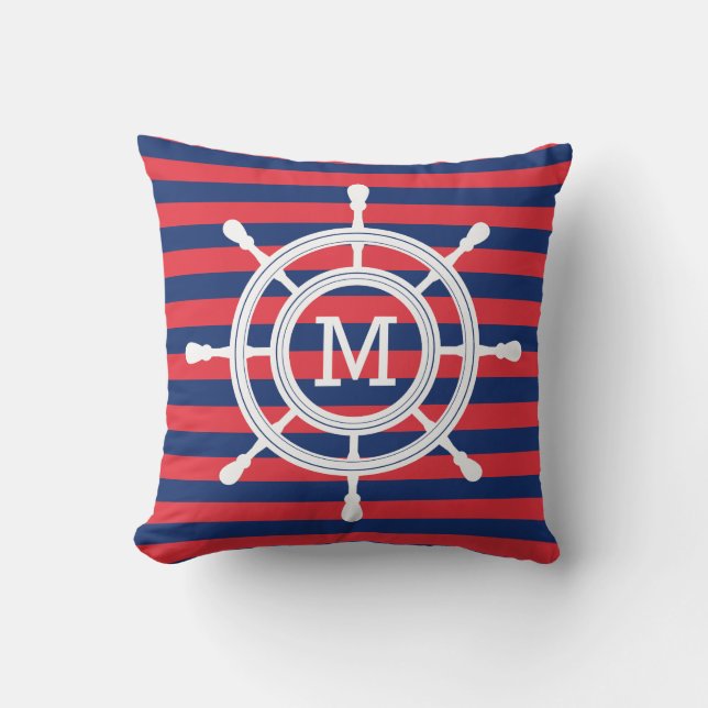 Marinblå & röd randroderMonogram Kudde (Framsida)