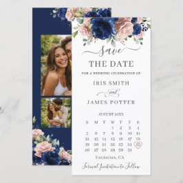 Marinblå Röda Blommor Fotokalender Bröllop Spara Datumet