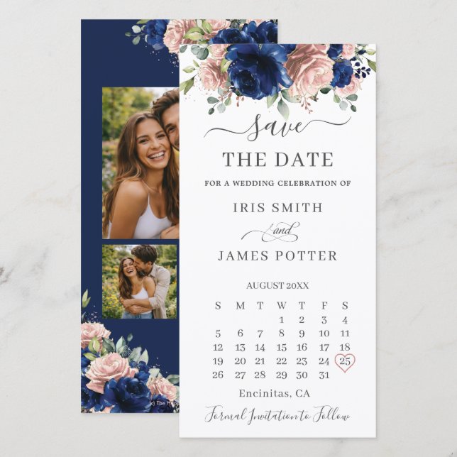 Marinblå Röda Blommor Fotokalender Bröllop Spara Datumet (Fram/baksida)