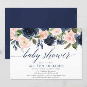 Marinblå & rodna rosa blom- elegant baby shower inbjudningar
