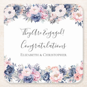 Marinblå Rosa Blommig Botanisk Förlovningsfest Underlägg Papper Kvadrat