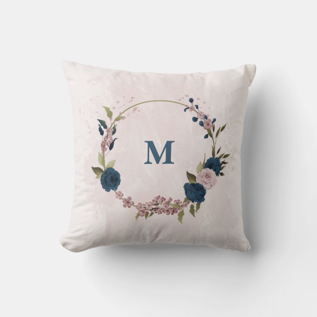 marinblå rosa blommor kudde (Framsida)
