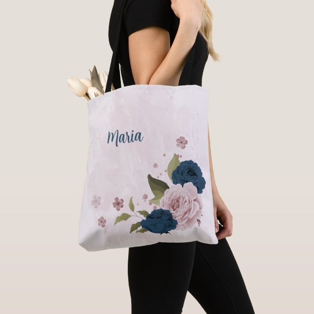 marinblå rosa blommor tygkasse (Närbild)