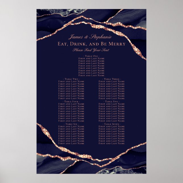 Marinblå Rosa Guld Agat Bröllops Placeringsplan Poster (Framsidan)