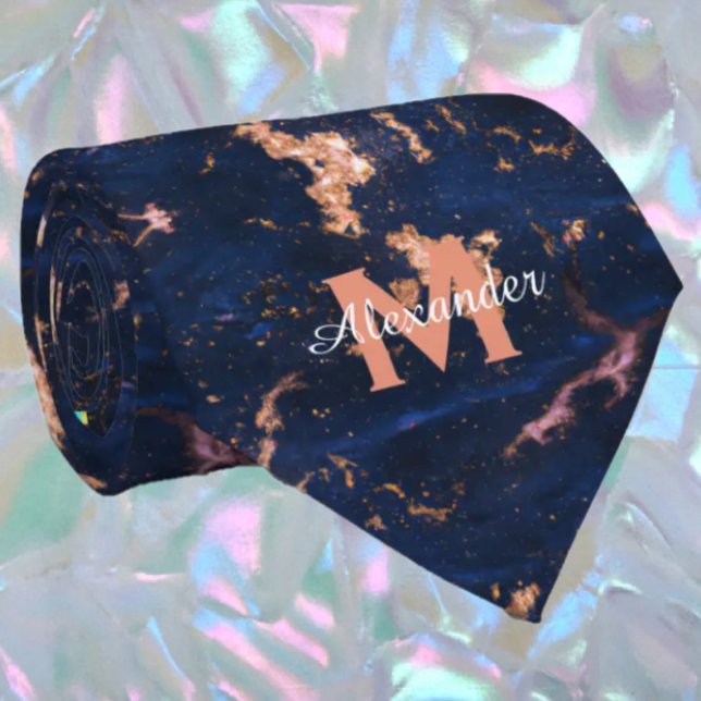 Marinblå Rosa Guld Folie Marmor Monogram Slips (Skapare uppladdad)