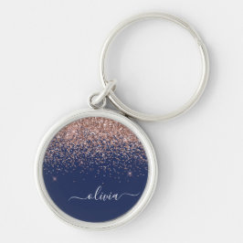 Marinblå Rosa Guld Glitter Monogramm Rund Silverfärgad Nyckelring
