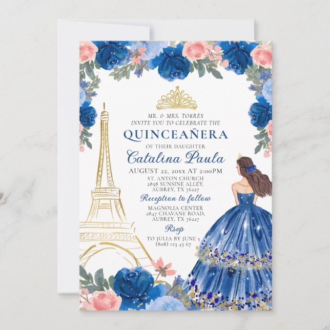  marinblå Rosa Guld Tiara Paris Quinceañera Inbjudningar (Framsida)