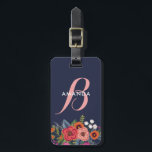 Marinblå & rosa Monogram Boho för blom- bukett - Bagagebricka<br><div class="desc">Monogrammed bagagemärkre i marinblått med din monogram i rosor och vit atop en blom- ordning av ro,  pansies och daisy i rosor,  orange,  rött,  och vit.</div>