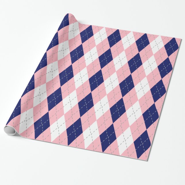 Marinblå Rosa Mörkgrå Vit XL Argyle Presentpapper (Utrullad)