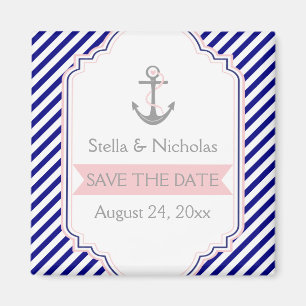 Marinblå, rosa nautisk bröllops Save the Date Magnet