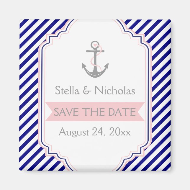 Marinblå, rosa nautisk bröllops Save the Date Magnet (Framsidan)