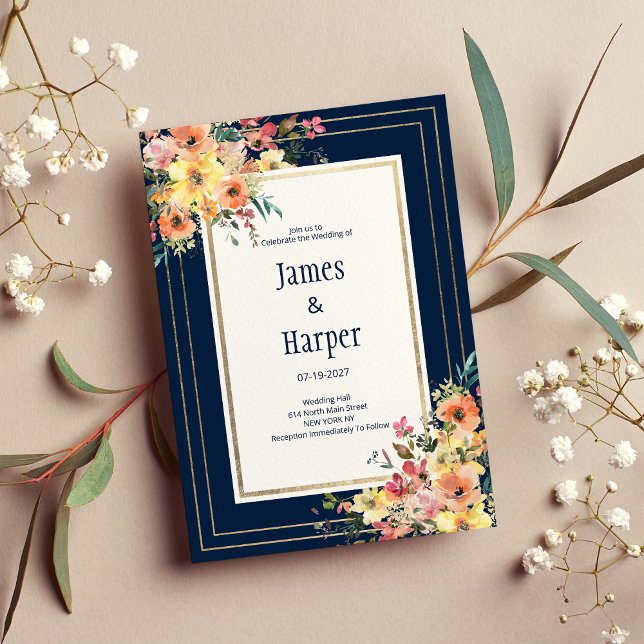 Marinblå rosa orange guld blommande vårbröllop  inbjudningar (Navy blue pink orange gold floral spring Wedding )