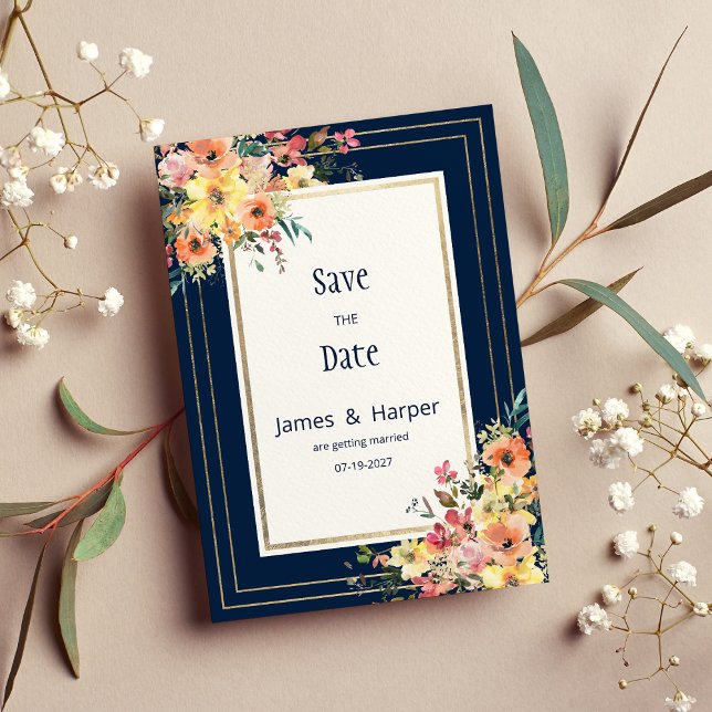 Marinblå rosa orange guld blomsterlig Save the Dat Inbjudningar (Navy blue pink orange gold floral Save the Date)