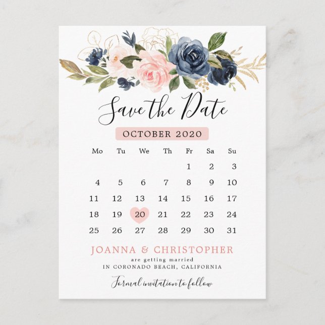 Marinblå Rosa Ros Kalender Spara Datumet Meddelande Vykort (Framsida)