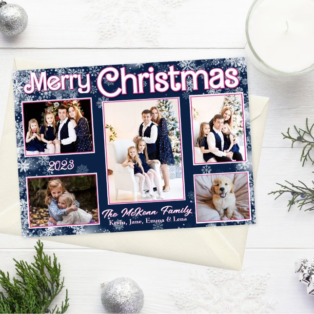 Marinblå | Rosa | Snöflingor Julkort (Navy blue, pink accents, white whimsical snowflakes, 5 photos, Christmas card)