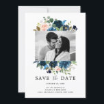 Marinblå rosabotaniskt foto med rosa ton spara datumet<br><div class="desc">Vacker blomsterfotografi save the date-kort med handmålade akvarellblommor / rosor i rika toner av marinblått och rosa / persika och charmig handstilsstil. Vänligen kontakta mig för hjälp med anpassning eller om du behöver någon annan produkt med denna design.</div>