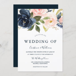 Marinblå rosafärgade vattenfärg blommande bröllop inbjudningar