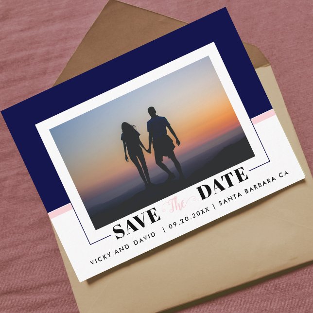 Marinblå, rosafärgade wedding Save the Date-foto Vykort (Skapare uppladdad)