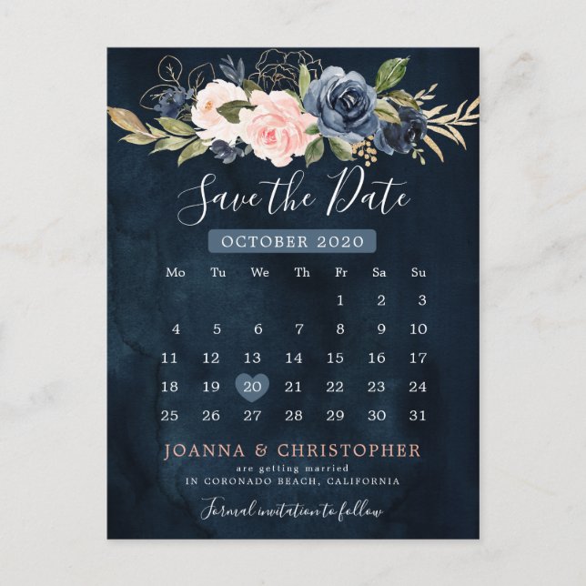 Marinblå rosakalender Spara datumet Meddelande Vykort (Framsida)