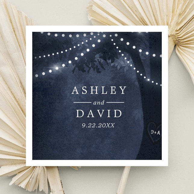 Marinblå Rustika Ljus i Träd med Initialer Bröllop Pappersservett (Skapare uppladdad)