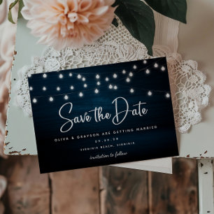 Marinblå rustika trästrängljus Save The Date Vykort