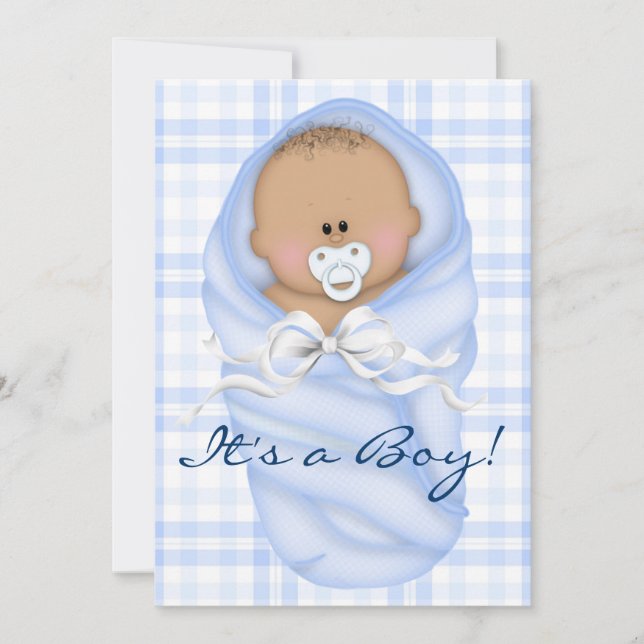 Marinblå Rutiga Pojk Bebis Baby Shower Inbjudan (Framsida)