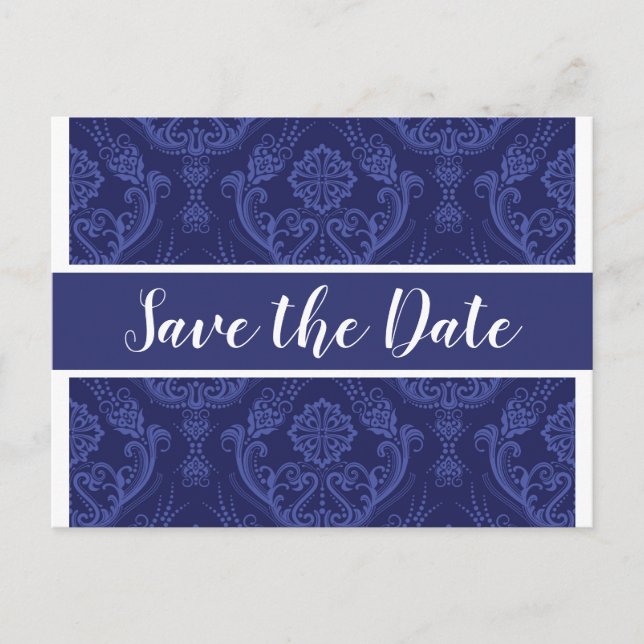 Marinblå Save The Date Damask Bröllopsfoto Meddelande Vykort (Framsida)