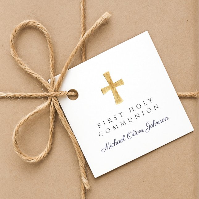 Marinblå Script Cross Pojke Första Kommunion  Gåvor Etiketter (Navy Blue Script Cross Boy First Communion Favor Tags)