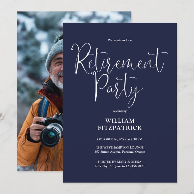 Marinblå Script Foto Pensioneringsfest Inbjudningar (Fram/baksida)