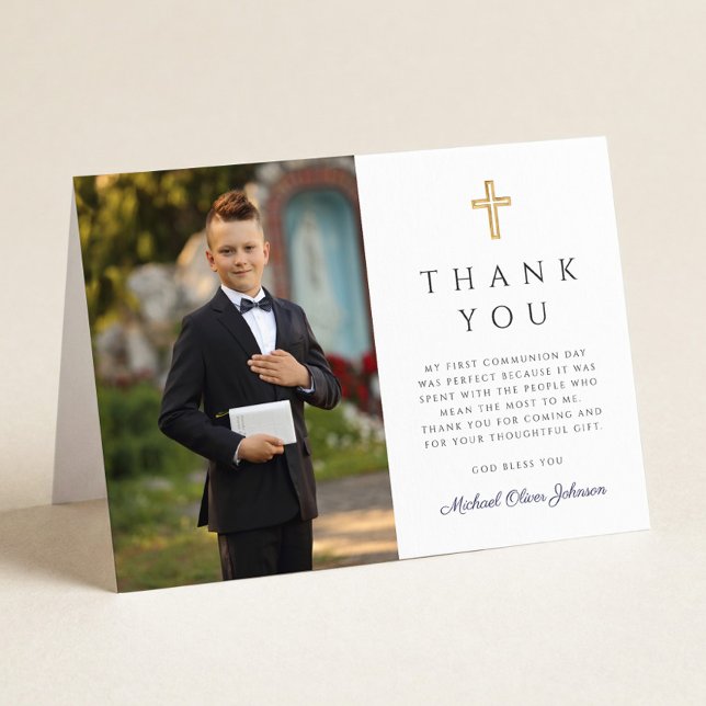Marinblå Script Foto Pojke Första Kommunion Vikad Tack Kort (Navy Blue Script Photo Boy First Communion Folded Thank You Card)