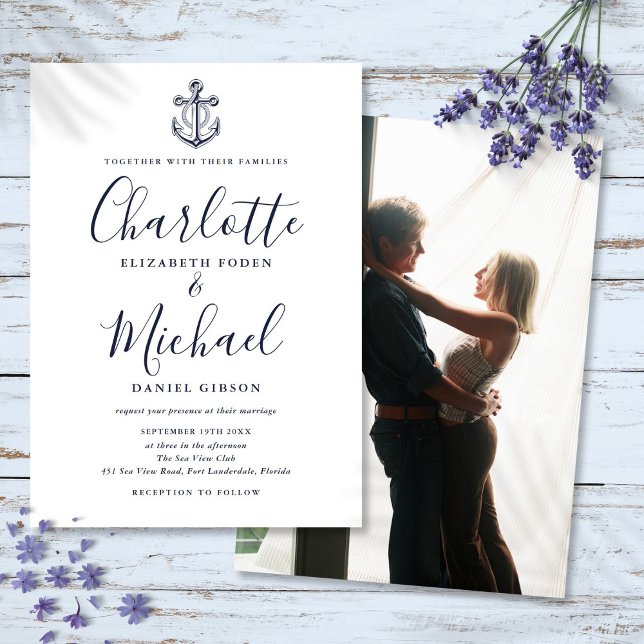 Marinblå script marinankare foto bröllop inbjudningar (Navy Blue Script Nautical Anchor Photo Wedding Invitation)