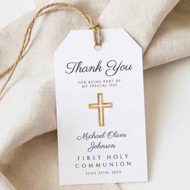 Marinblå Script Religiös Pojke Första Kommunion Presentetikett (Navy Blue Script Religious Boy First Communion Gift Tags)