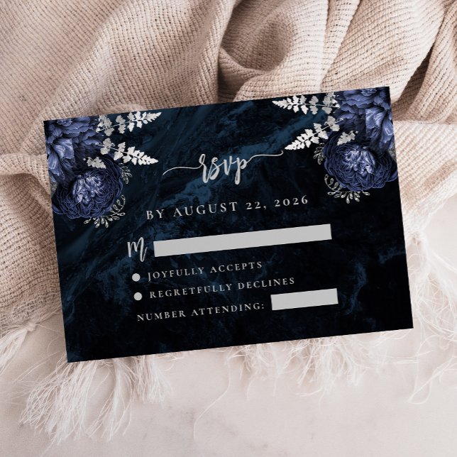 Marinblå Silver Blommig Agat Skrift Bröllop RSVP Tilläggskort (Skapare uppladdad)