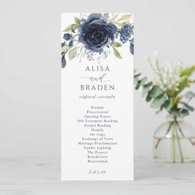 Marinblå Silver Blommig Botanisk Grönska Bröllop Program (Stående Fram)