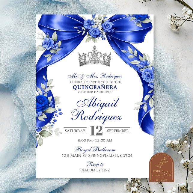 Marinblå Silver Coquette Quinceanera Inbjudningar (Skapare uppladdad)