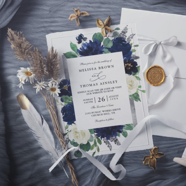 Marinblå Silver Elegant Blommig QR-kod Bröllop Inbjudningar (Skapare uppladdad)