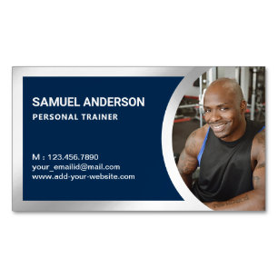 Marinblå Silver Fitness Personlig Tränare Foto Magnetiska Visitkort