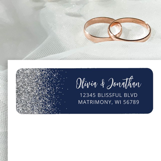 Marinblå Silver Glitter Bröllopsadress Returadress Etikett (Skapare uppladdad)