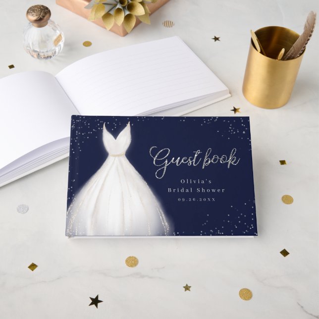 Marinblå Silver Glitter Elegant Bröllopsklänning B Gästböcker (Framsida öppen)
