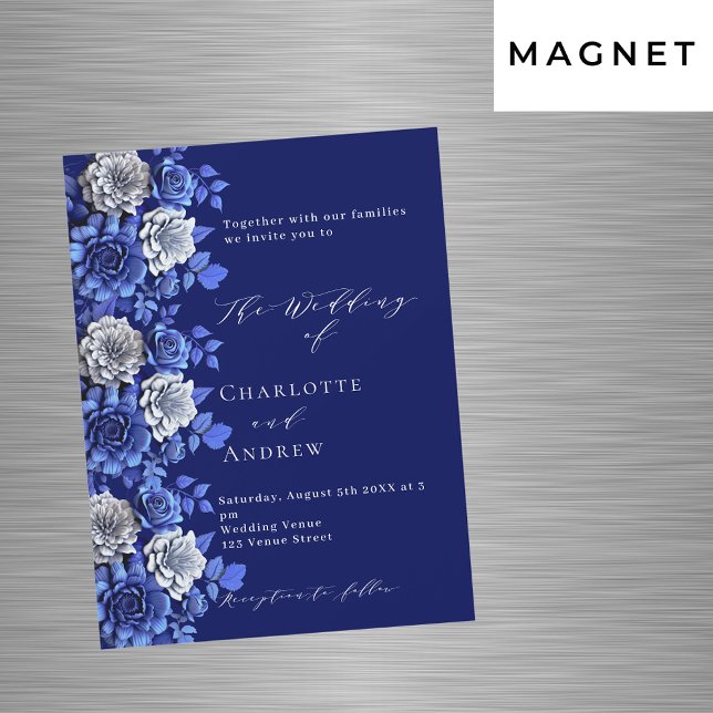 Marinblå silverblommor script lyxigt bröllop magnetisk inbjudningskort (Skapare uppladdad)